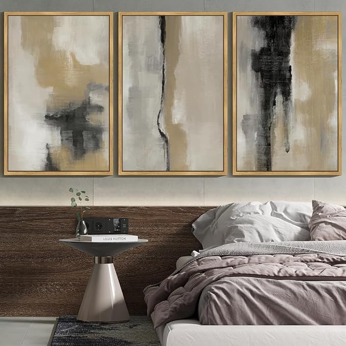 KUVIOKE Black Abstract Framed Wall Art Neutral Graffiti Pastel Minimalist Wall Decor Modern Art Painting for Bedroom Living Room 24x36in (Natural Framed)