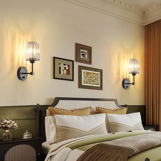 Crystal Wall Sconces Set of 2, Dimmable Wall Sconce with Plug in Cord and Dimmer Matte Black Plug in Wall Lamp Wall Mounted Light with Crystal Shade for Living Room Bedroom Vanity Light Bulbs Included