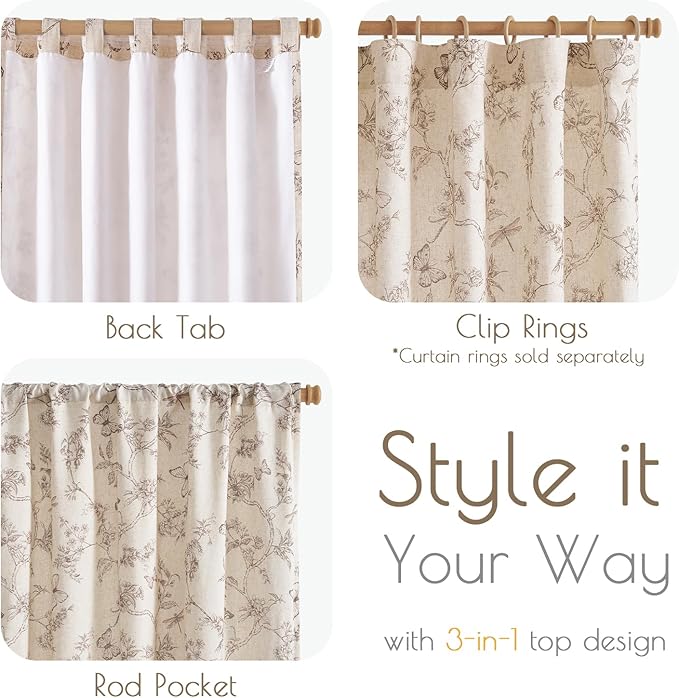 Lazzzy Taupe Floral Curtains 84 Inch Length Linen Farmhouse Back Tab Drapes for Living Room Bedroom Light Filtering Vintage Rod Pocket Fall Decorations, 2 Panels, Taupe on Beige