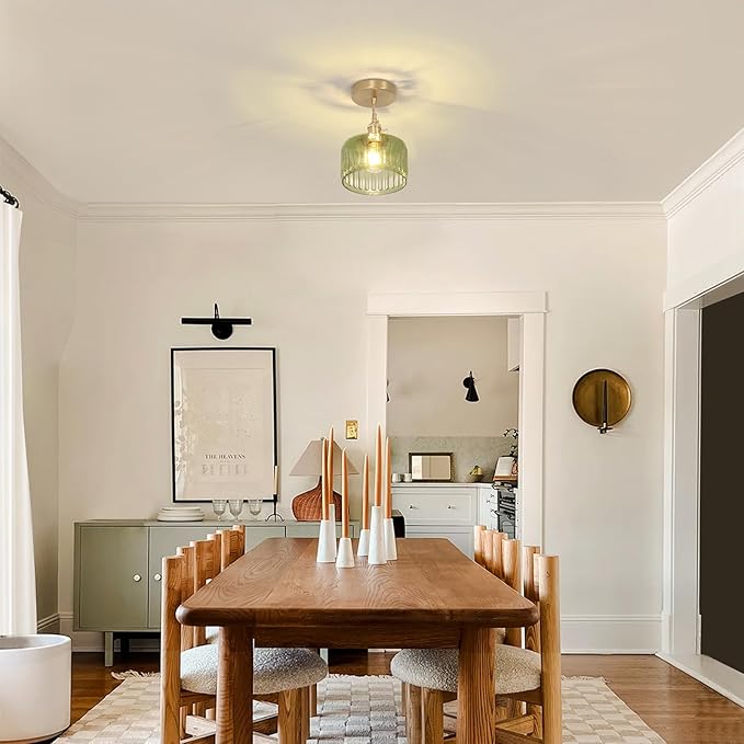 Pendant Light with Green Striped Glass Lmapshade, Brass Vintage Pendant Light Adjustable Hanging Light for Kitchen Island Dining Room Hallway