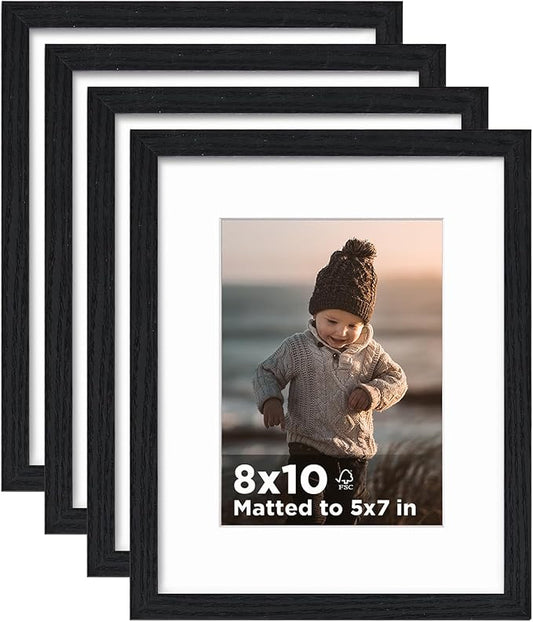 KINLINK 8x10 Picture Frame Black Wood Set of 4, Wooden Photo Frame Matted 5x7 with Plexiglass for 5x7 with Mat or 8x10 without Mat for Table and Wall Display