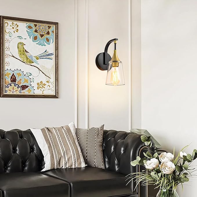 1-Light Bathroom Wall Sconce Light, Black and Gold Wall Light Fixtures with Clear Glass Shade, Modern Wall Lamp Indoor Wall Mounted Light for Hallway Bedroom Living Room Mirror