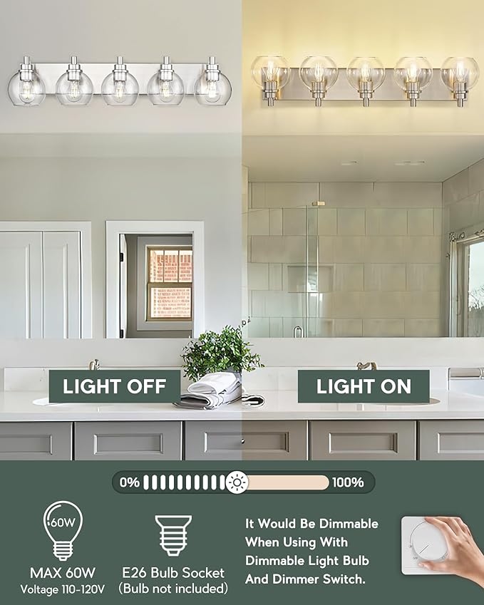 Bathroom Light Fixtures, 5 Light Brushed Nickel Vanity Light, 32 Inch Modern Wall Sconces with Globe Clear Glass Shade, Vanity Lighting Fixtures Over Mirror, VL195-BN-CL-5