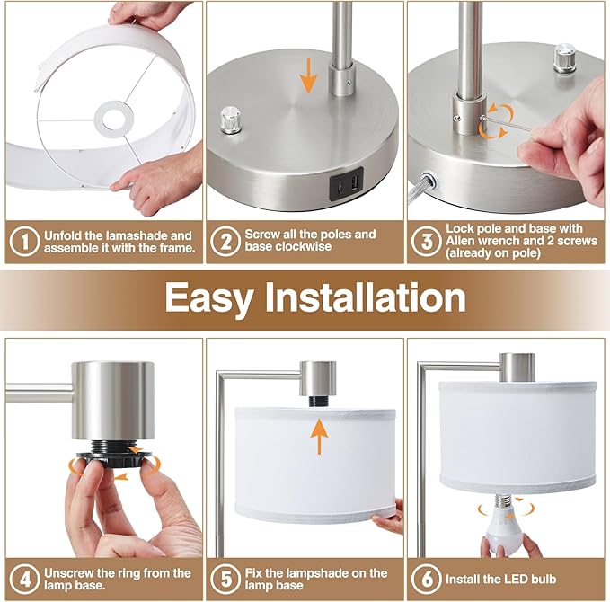 Luvkczc Table Lamps for Living Room with USB C+A Ports - Fully Stepless Dimmable Bedsides Lamp with Linen Lampshade, Lamps for Night Stands Bedroom Reading Office, 2 LED Bulbs Included (Silver)