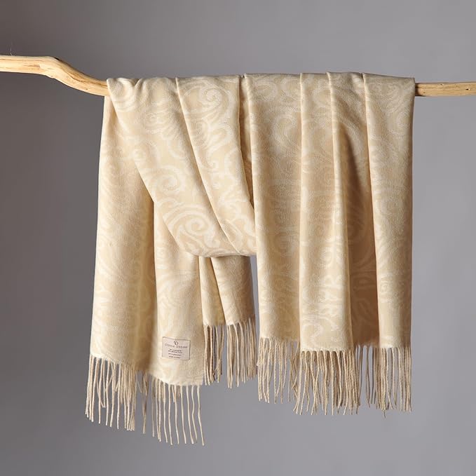 CUDDLE DREAMS Premium Cashmere Throw Blanket with Fringe, Luxuriously Soft (Paisley Beige)