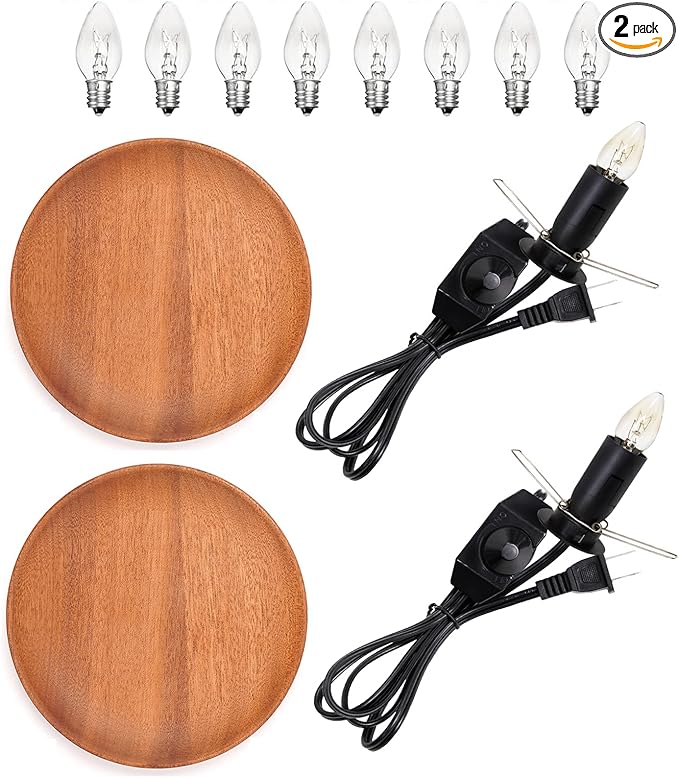 2 Pack Salt Lamp Cord Replacement with 2 Pack Wooden Tray and 8 Pack 15 Watts E12 Halogen Salt Lamp Bulbs