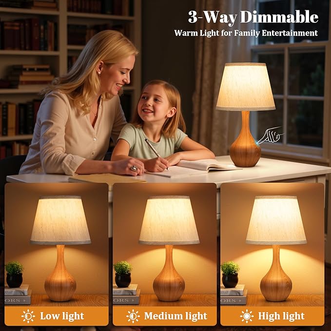 Seealle Touch Table Lamp for Bedroom, 3-Way Dimmable Small Bedside Lamps for Night Stands with Wires, Wood Desk Lamp for Kids Room, Office, Living Room, End Table(LED Bulb Included)