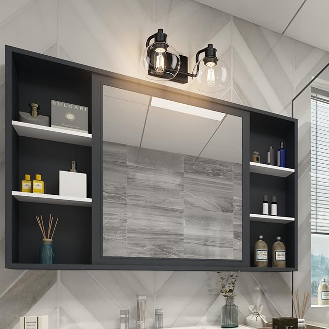 Tipace 2 Lights Industrial Bathroom Vanity Light Fixtures Over Mirror Black Vintage Vanity Lights with Globe Clear Glass Farmhouse Wall Sconces Fixture(Exclude Bulb)