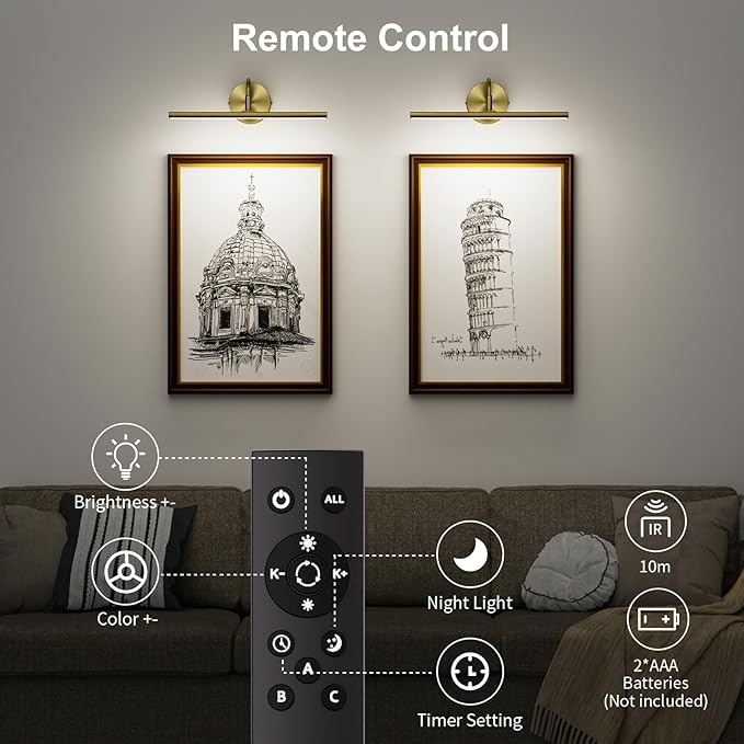 Hardwired Picture Lights for Wall 23.9" LED Wall Art Lights with Remote, 3CCT Dimmable Gallery Art Light for Paintings Poster Light, 15W, 2700K-6500K, 1200LM, Brass