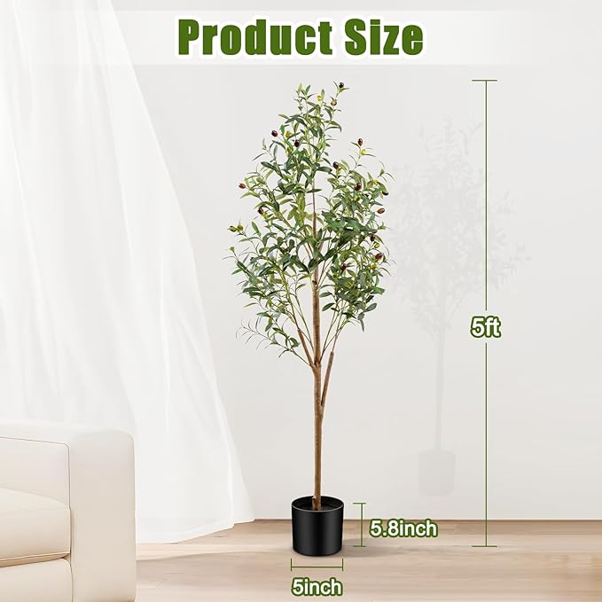 5FT Artificial Olive Tree Indoor, Tall Faux Olive Tree with Pot&Basket, Large Fake Olive Tree with Realistic 720 Silk Leaves and 40 Fruits for Living Room Home Office Decor