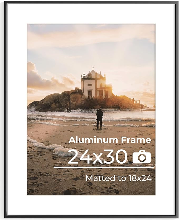 24x30 Aluminum Picture Frame - with Mat for 18x24 Photo or Without Mat for 24 x 30 Photo, Metal Poster Frame with High Definition Plexiglass, Wall Mounting or Tabletop Display, Black, Set of 1