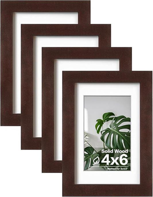 Egofine 4x6 Picture Frames with Plexiglass, Display Pictures 3.5x5 with Mat or 4x6 Without Mat Set of 4 for Tabletop and Wall Mounting, Walnut Color