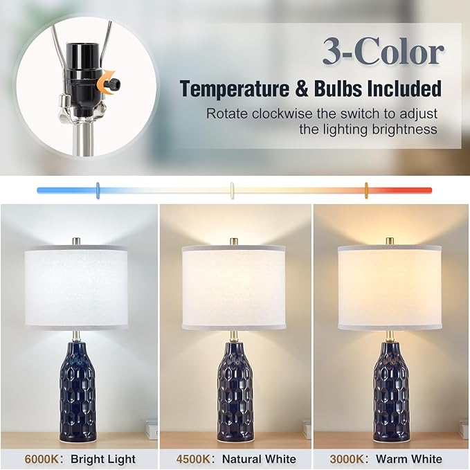 Luvkczc 24.8" Ceramic Table Lamps Set of 2 for Nightstand - 3 Color Temperature&Bulbs Included, Bedside Lamps for Living Room Bedroom Home Office Table Decor, Navy Blue