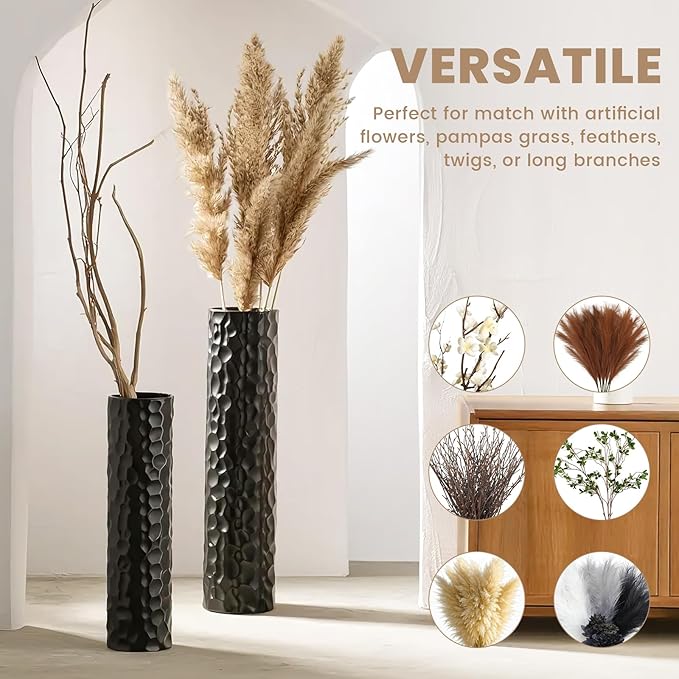 Tall Matte Black Floor Vase Set of 2, 27.6" & 21.7" H Extra Large Cylindrical Metal Standing Vase, Modern Big Floor Vases with Hammered Texture & Weighted Base for Living Room Bedroom Corner Decor