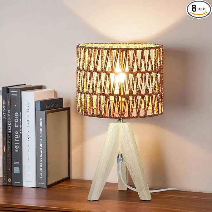 Tripod Table Lamp Light with Birch Color Wooden Base, Wooden Desk Lamp with Rattan Lampshade, 14.37 in Small Lamps, E26 Base Bedside Lamps for Night Stands, Home, Office, Living Room, Dorm(Triangle)
