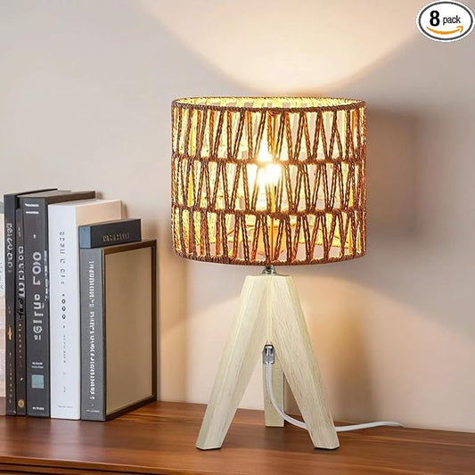 Tripod Table Lamp Light with Birch Color Wooden Base, Wooden Desk Lamp with Rattan Lampshade, 14.37 in Small Lamps, E26 Base Bedside Lamps for Night Stands, Home, Office, Living Room, Dorm(Triangle)
