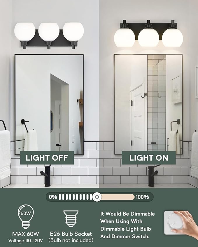 Bathroom Light Fixtures, 3-Light Matte Black Vanity Light, Modern Wall Sconces with Milk White Globe Glass Shade, Vanity Lighting Fixtures Over Mirror, VL195-MB-ML-3