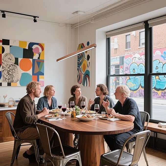 39 Inch Wood Linear Pendant Light Dimmable LED Kitchen Island Lighting with Remote Adjustable Hanging Chandelier for Dining Room Bar Pool Table 24W Modern Farmhouse Fixture Walnut Color