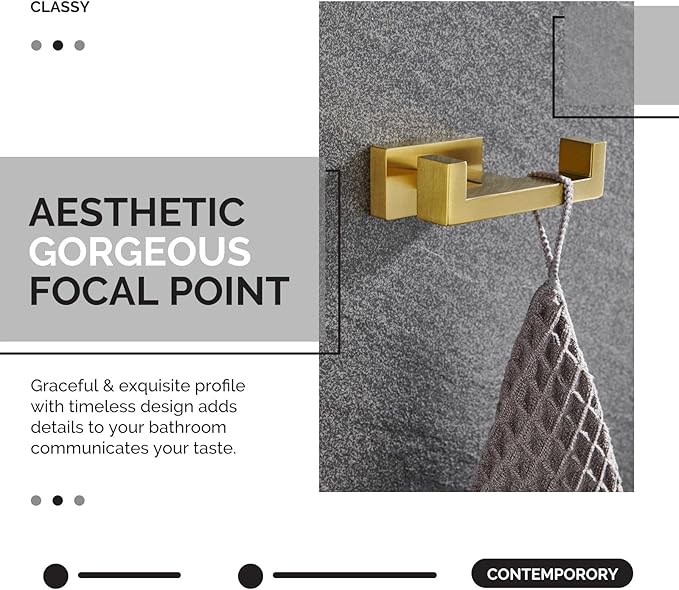 Angle Simple Towel Hook for Bathroom, SUS 304 Stainless Steel Hand Towel Holder, Double Robe Coat Hook for Wall, Brushed Gold