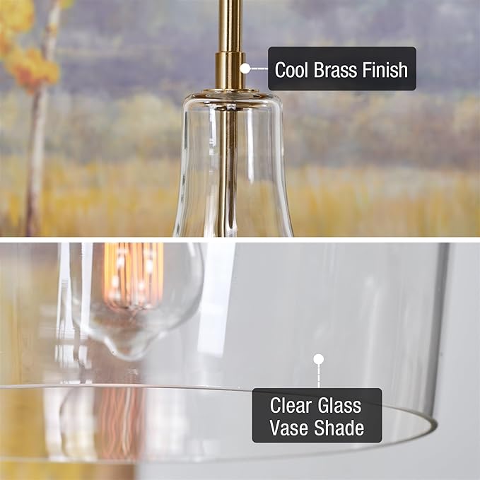 Kira Home Lucy 16" Modern Pendant Light + Clear Glass Vase Shade, Adjustable Hanging Height, Cool Brass Finish