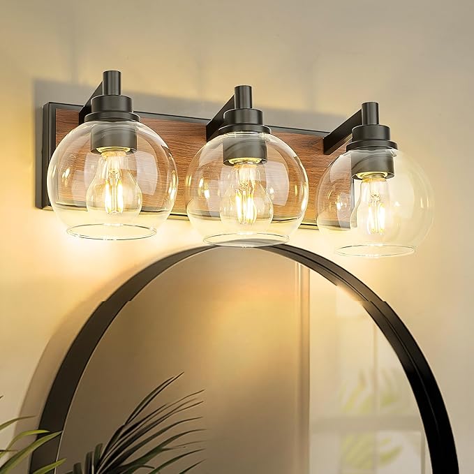 Bathroom Light Fixtures, 3-Light Black and Faux-Wood Finish Bathroom Vanity Light, Farmhouse Wall Sconces with Globe Clear Glass Shade, Vanity Lighting Fixtures Over Mirror, VL195-WB-3