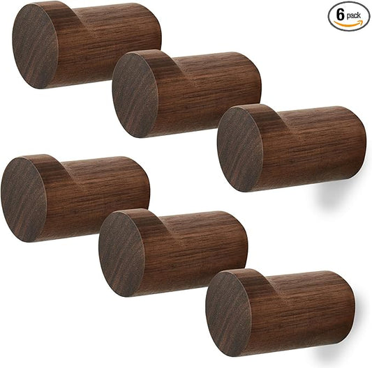 Wood Wall Hooks for Hanging, 6 Pack Rustic Coat Hooks Wall Mount, Handmade Wooden Pegs Hat Hook, Entryway Walls Hanger for Coat Purse, Boho Bathroom Towel Rack (Walnut Wood)