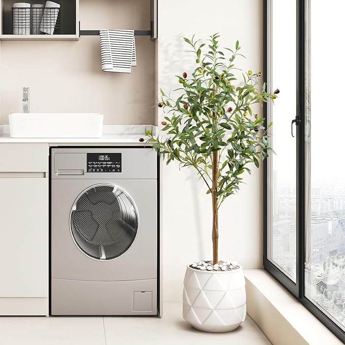 4FT Artificial Olive Tree Indoor, Tall Faux Olive Tree with Pot&Basket, Large Fake Olive Tree with Realistic 576 Silk Leaves and 32 Fruits for Living Room Home Office Decor