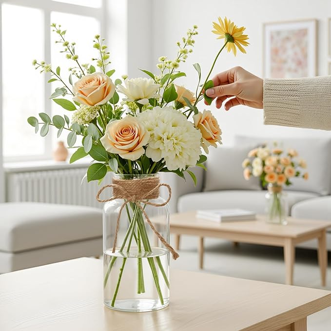 Vintage Glass Flower Vase Bulk 16 Pack Farmhouse Transparent Centerpiece Vases with Hemp Rope Mason Jars for Weddings Parties Dining Table Home Decor（Large）