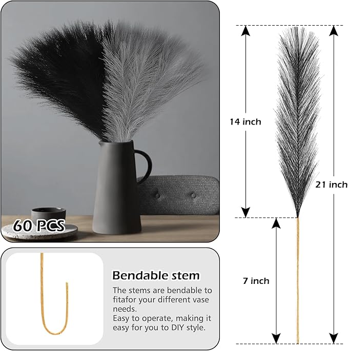 60 Pcs Pampas Grass Black and Light Grey Decor 21.7" Fluffy Faux Short Pampas Grass Artificial Small Pompas Grass Flower Vase Filler for Home Wedding Decoration