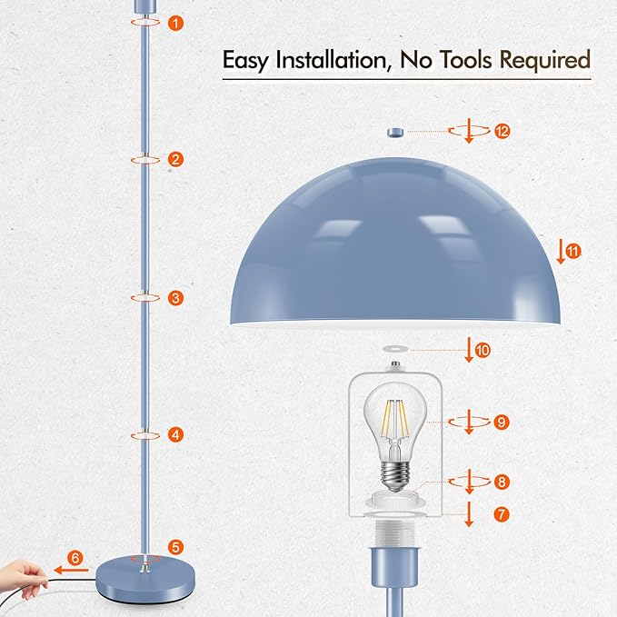Floor Lamp, Industrial Blue Floor Lamps for Living Room, 65.6in Standing Lamp, Retro Mushroom Dome Shade, Whole Metal, E26 Socket, Mid Century Modern Floor Lamp for Bedroom/Office,No Bulb