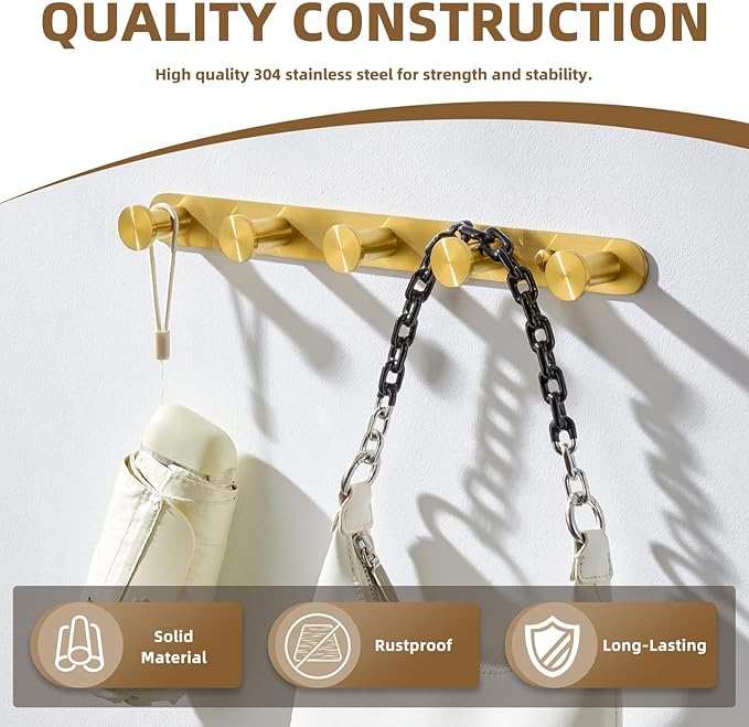 Angle Simple Towel Hook Rack Brushed Gold, SUS304 Stainless Steel Bathroom Hook Rail 5 Hooks, Utility Kitchen Towel Holder, Wall Mount