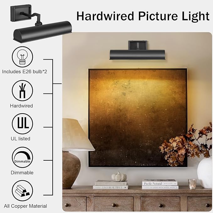 Modern 12in Bronze Picture Lights for Wall Hardwired, Black Picture Light Adjustable Picture Frames Lights Horizontal Wall Sconce for Painting, Artwork, Gallery, Bookcase Includes Bulbs