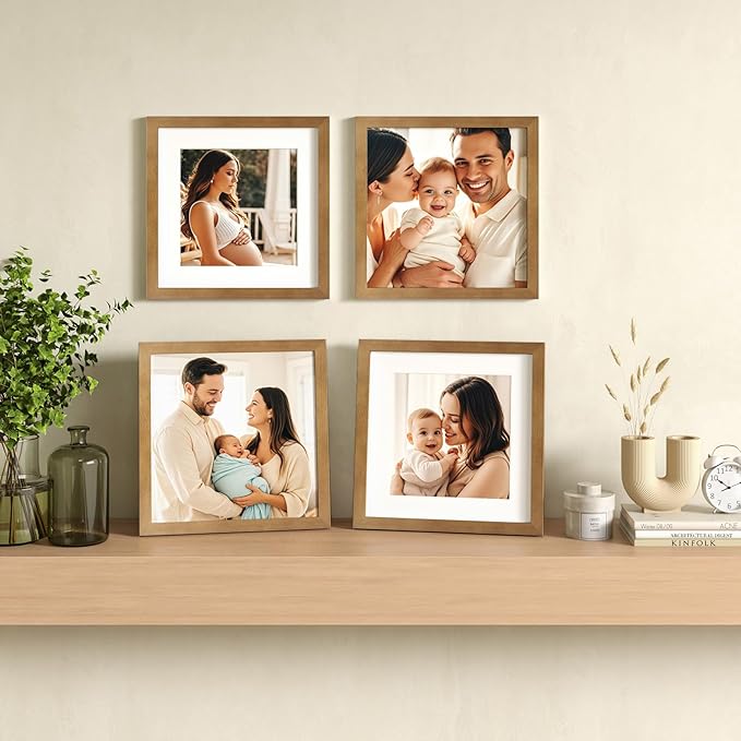 Egofine 11x11 Picture Frames 4 Pack Covered by Plexiglass, Display Pictures 8x8 with Mat or 11x11 Without Mat Made of Solid Wood for Table Top Display and Wall Mounting Photo Frame, Light Brown