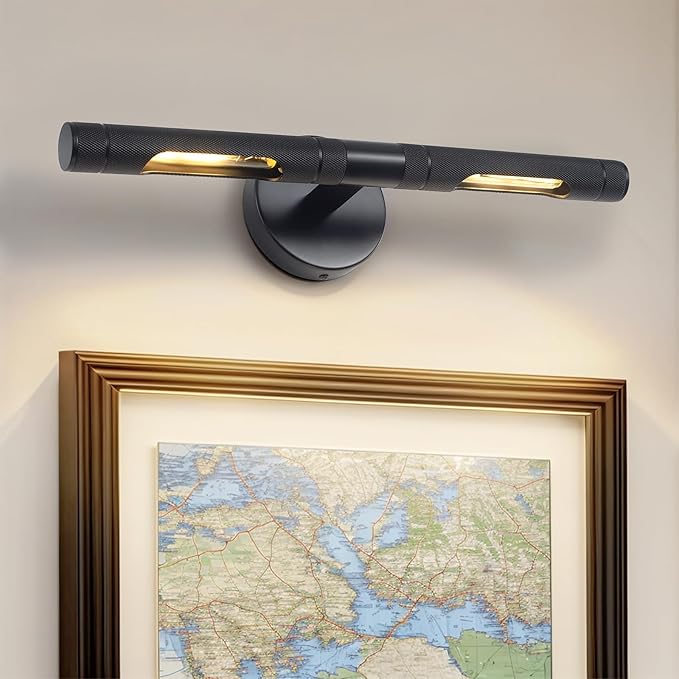 Knurled Black Picture Light for Wall,19 Inch Hardwired Wall Lights for Pictures,Rotatable 360° Modern Gallery Light for Living Room Bathroom Study Room E12 Bulbs Included (BLACK-19inch)