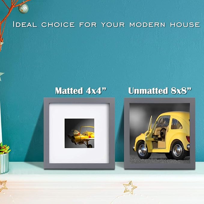 Egofine 8x8 Picture Frames 4 Pack for Picture 4x4 with Mat or 8x8 whitout Mat Made of Solid Wood Covered by Plexiglass for Table Top Display and Wall Mounting Photo Frame, Dark Gray