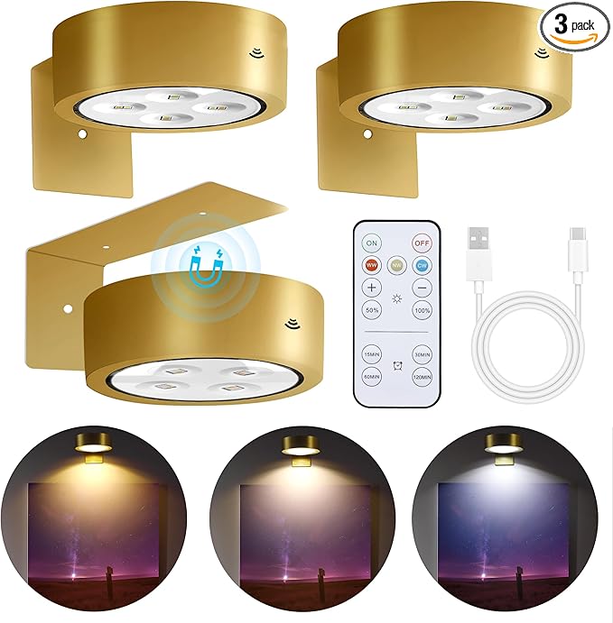 3-Pack Picture Lights for Wall, Rechargeable Battery Operated Led Painting Light with Remote Dimmable ＆ Timer, 3 Lighting Modes Magnetic Art Display Light, Wall Decorative Lighting for Picture,Frame