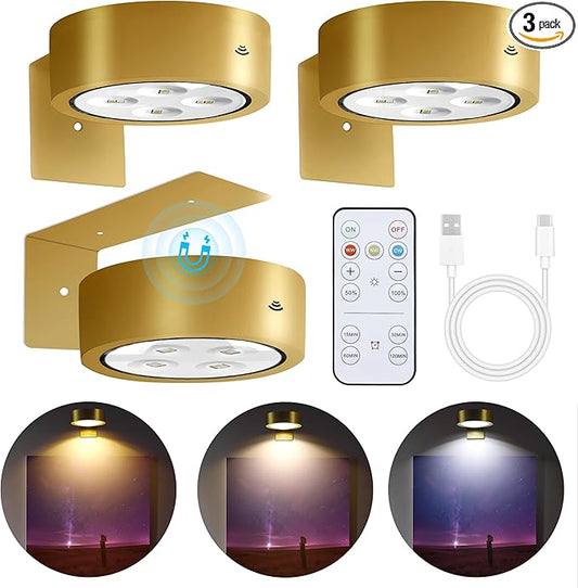 3-Pack Picture Lights for Wall, Rechargeable Battery Operated Led Painting Light with Remote Dimmable ＆ Timer, 3 Lighting Modes Magnetic Art Display Light, Wall Decorative Lighting for Picture,Frame