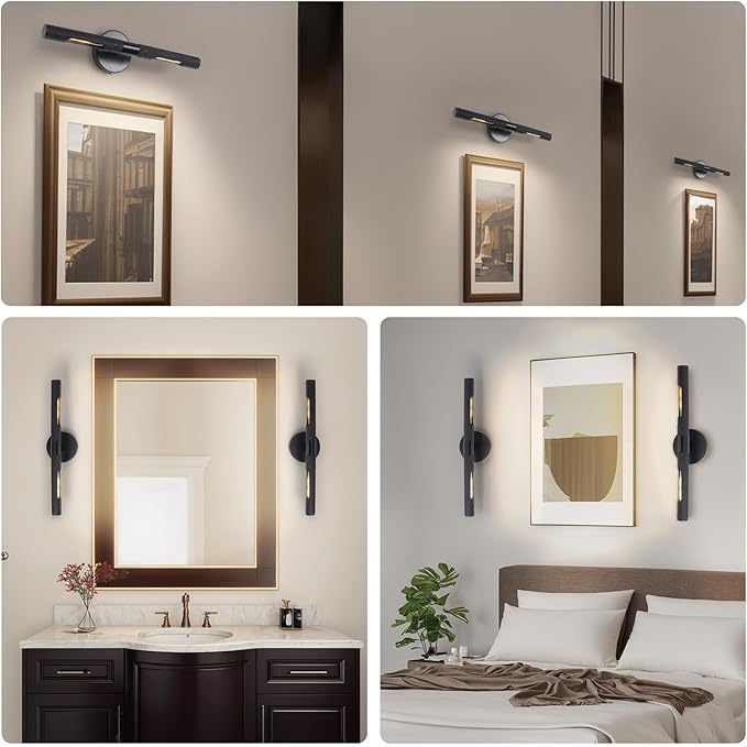 Knurled Black Picture Light for Wall,19 Inch Hardwired Wall Lights for Pictures,Rotatable 360° Modern Gallery Light for Living Room Bathroom Study Room E12 Bulbs Included (BLACK-19inch)