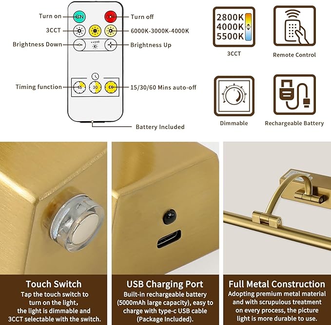 JUSHENG Wireless Picture Lights Battery Operated with Remote and Timer Brass Art Light with Swing Arm Rechargeable Gallery Lighting Artwork Lamp 15.75'' Inch 3W