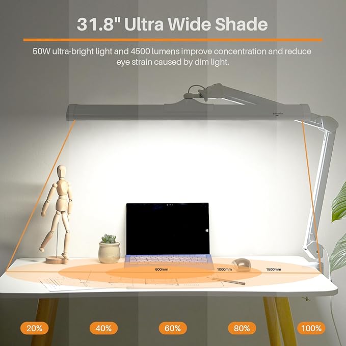 LED Architect Desk Lamp with Clamp, Metal Swing Arm 4500 Lumens Dimming Office Table Lamp for Task Work Drafting Reading Desktop, 342PCS Bright LEDs, 50W Workbench Lamp(White)