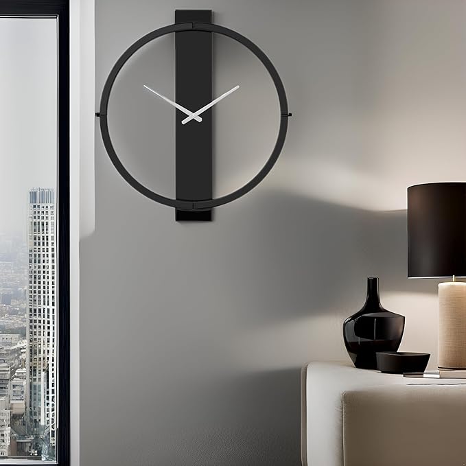 SHYFOY 23.6x26.8 Black Mirror Wall Clock, Modern Design with Beveled Edges, Battery Powered, Easy Mount