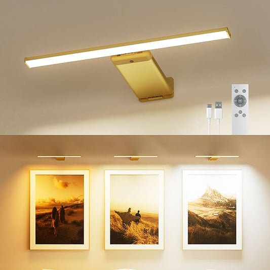 Rechargeable 12000mAh Picture Light for Wall with Remote, 3 Color Temps, Dimmable, Timer, for Gallery Poster Frame Painting Photo Art Display (Gold, 1 Pack)