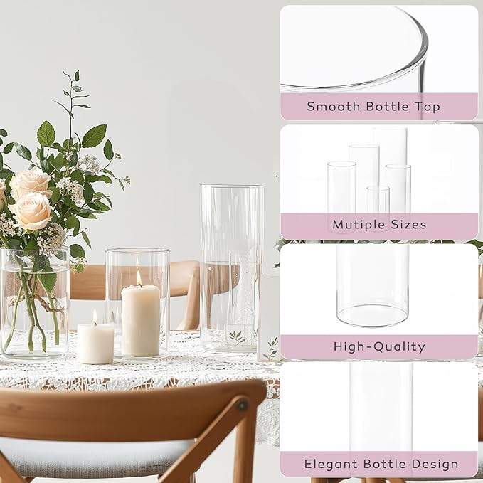 3 PCS Modern Glass Cylinder Vases Set (6/8/10 Inch) – Elegant Bud Vases, Floating Candle Holders & Wedding Centerpiece Displays for Home Decor, Holidays, Housewarming Gifts