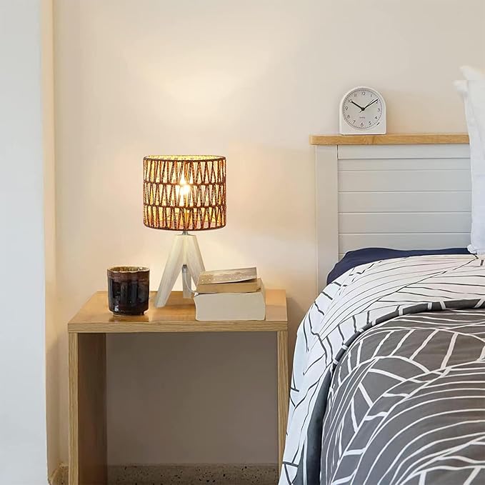 Tripod Table Lamp Light with Birch Color Wooden Base, Wooden Desk Lamp with Rattan Lampshade, 14.37 in Small Lamps, E26 Base Bedside Lamps for Night Stands, Home, Office, Living Room, Dorm(Triangle)