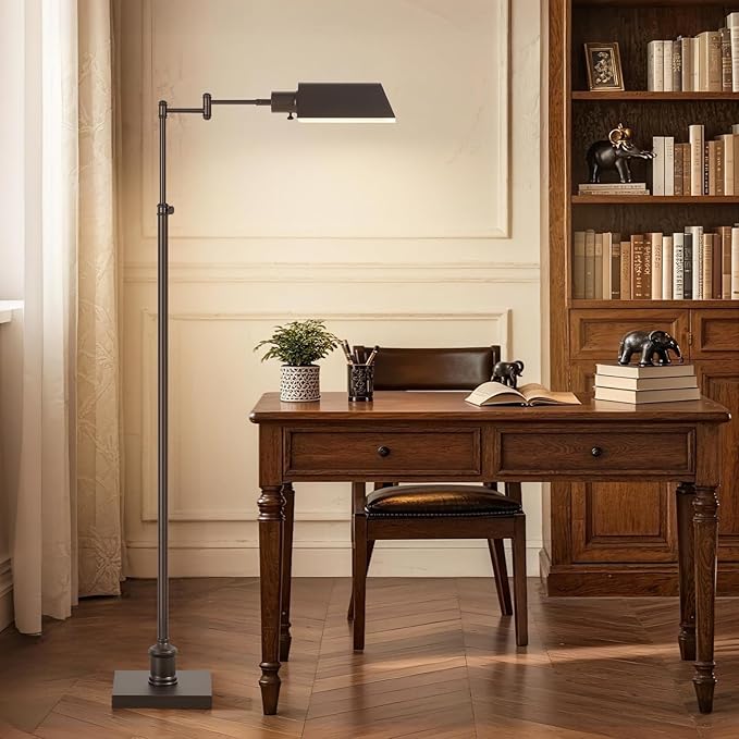 GyroVu Traditional Height Adjustable Pharmacy Floor Lamp with 350° Swing Arm, 3 Color Temperature Adjustable Standing Lamp Metal Shade for Living Room Reading House Bedroom Home Office(Bronze)