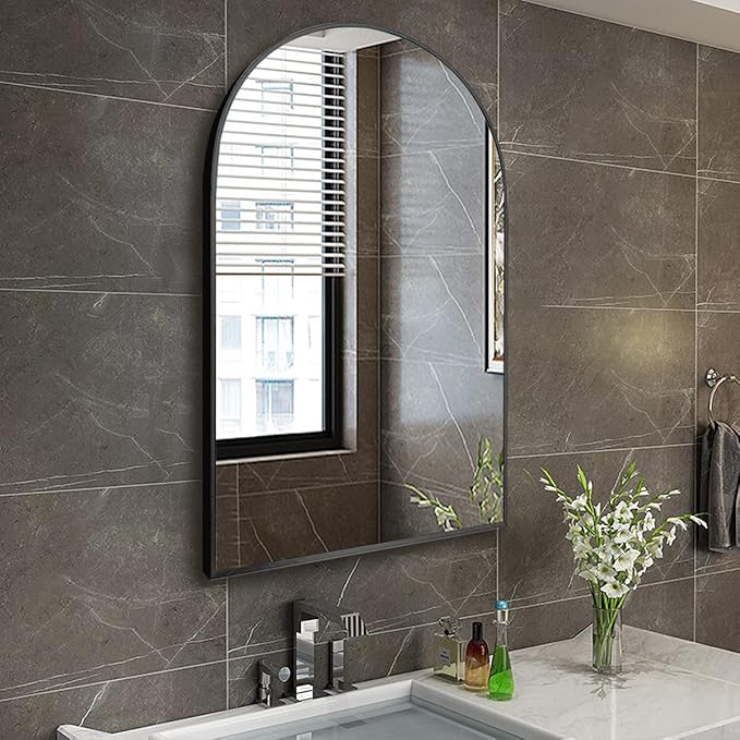 TinyTimes 24"x36" Arched Wall Mirror, Vanity Mirror, with Metal Frame, for Bathroom, Bedroom, Entryway, Modern & Contemporary Wall Mirror - Black