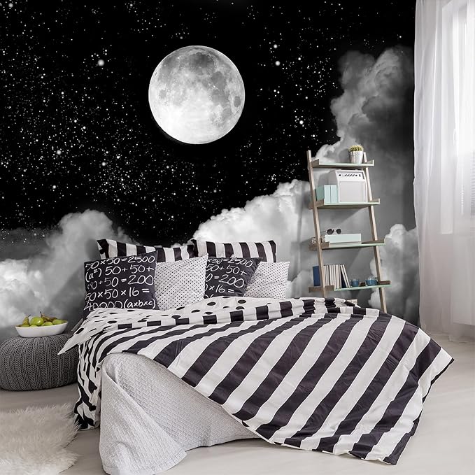 -Gray Galaxy Universe Moon Fabric Wallpaper Ceiling Starry Night White Clouds Living Room Bedroom Bathroom Boys and Girls Children's Room Large Mural- 137"x96"（ not Peel and Stick）