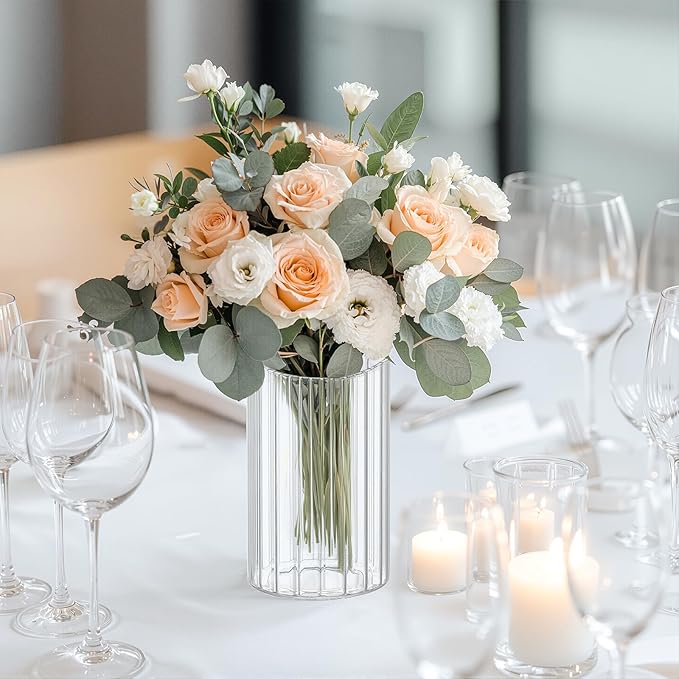 Ribbed Glass Vase Set of 12 Packs, Propagation Vases for Plants, 6 Inches Glass Cylinder Vases for Centerpieces, Hurricane Candle Holder for House Warming Decoration Party