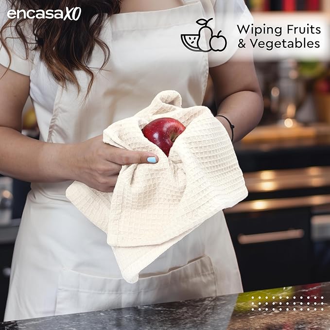Encasa XO Kitchen Dish Towels Set | Solid Off White | Waffle Weave and Flat Hand Tea Towel | 28"x18" | Quick Drying Reusable Cotton Washcloths | Multipurpose Lightweight Dishcloths Set of 4