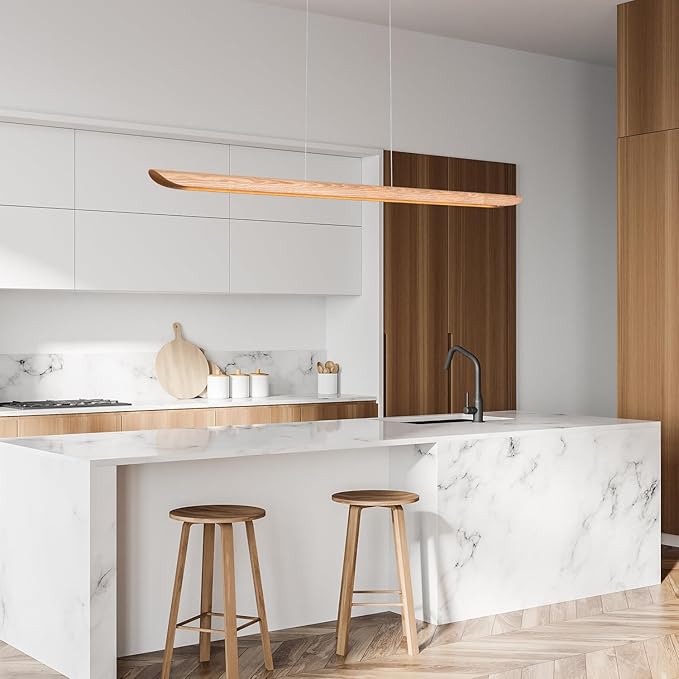 47" Wood Linear Pendant Light LED Pendant Lights Dimmable Pool Table Island Lights Modern Linear Chandeliers for Dining Room Kitchen Ceiling Pendant Lamp for Kitchen Island Pool Table Natural